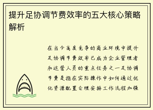 提升足协调节费效率的五大核心策略解析